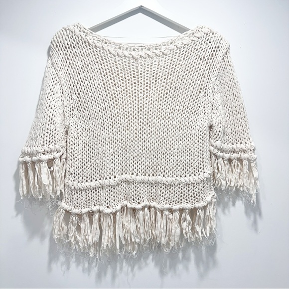 Free People Cream Crochet Knit Boho Fringe Cropped Top Size M - Picture 8 of 10